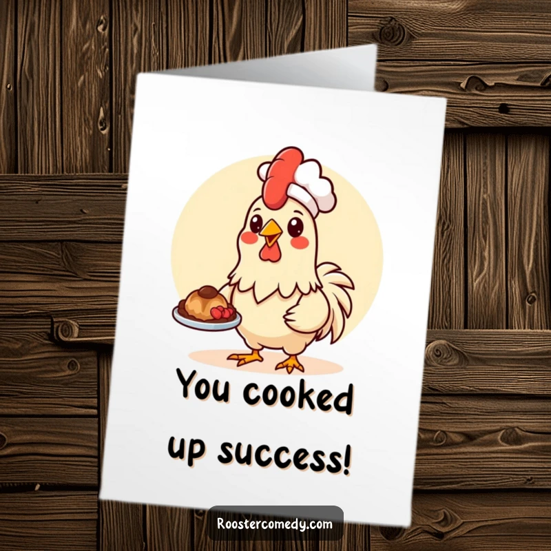 Funny Free Printable Congratulations Card: Kawaii rooster chef presenting food, celebrating achievements with culinary flair.
