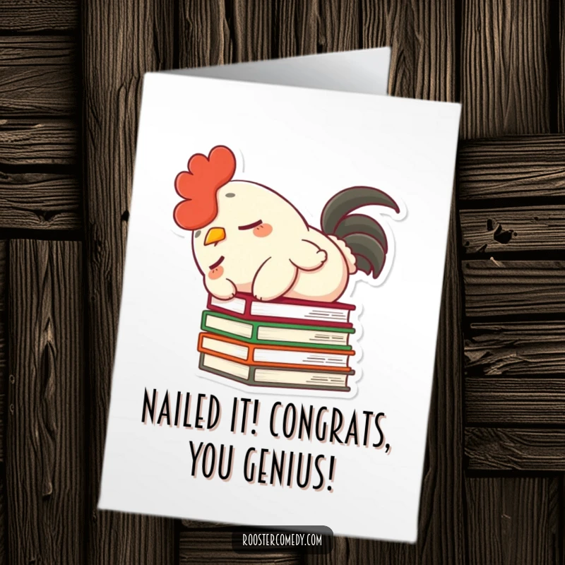 Funny Free Printable Congratulations Card: Rooster accidentally knocking over books, perfect for celebrating achievements.