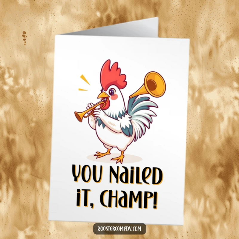 Funny Free Printable Congratulations Card: A rooster plays a tiny trumpet announcing news with grand fanfare and playful energy.