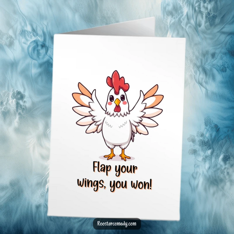 Funny free printable congratulations card of a rooster spreading its wings wide in a grand, triumphant gesture of success.