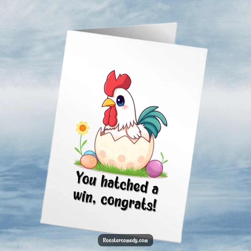 Funny Free Printable Congratulations Card showing a rooster with wide eyes emerging from a giant Easter egg.