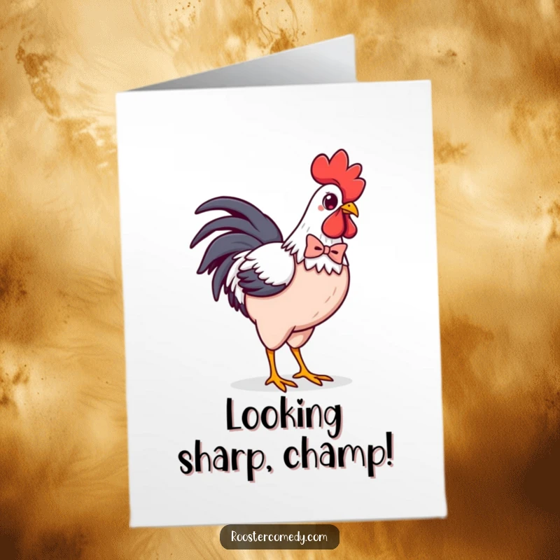 Funny Free Printable Congratulations Card: Dapper Kawaii Rooster in a small bowtie, strutting proudly, a chic downloadable gift.