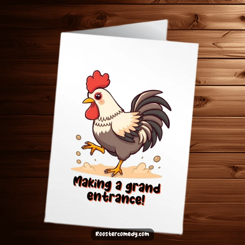 Funny Free Printable Congratulations Card: Energetic Kawaii Rooster kicking up dust playfully, signifying excitement, a dynamic downloadable gift.