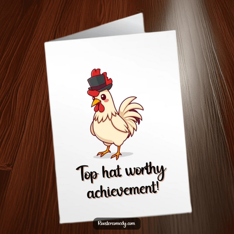 Funny Free Printable Congratulations Card: A rooster confidently struts, wearing a tiny top hat, celebrating a grand success with flair.