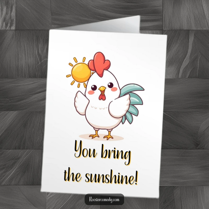 Funny Free Printable Congratulations Card: Joyful Kawaii Rooster holding a glowing sun, radiating positivity, a bright downloadable gift.