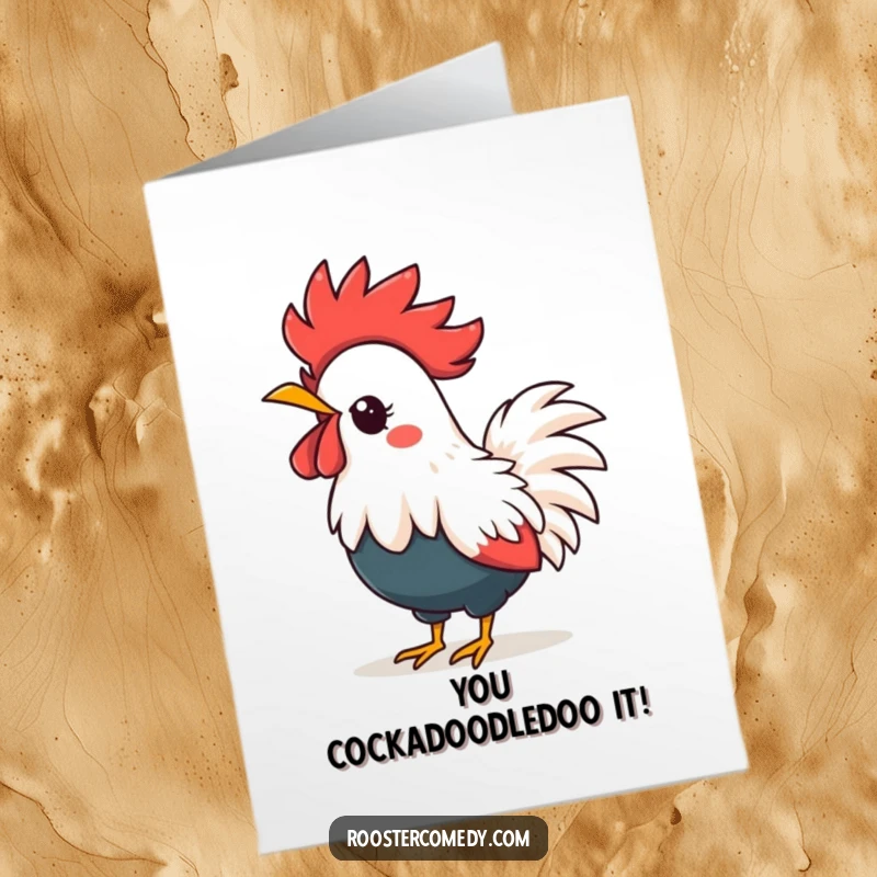 Funny Free Printable Congratulations Card: A Kawaii rooster with a spiky feather crown joyfully crowing loudly to celebrate.