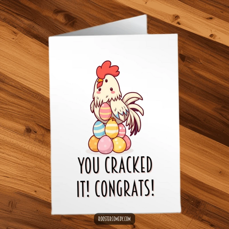 Funny Free Printable Congrats Card: Kawaii rooster triumphantly balancing a huge stack of colorful eggs after a big achievement.