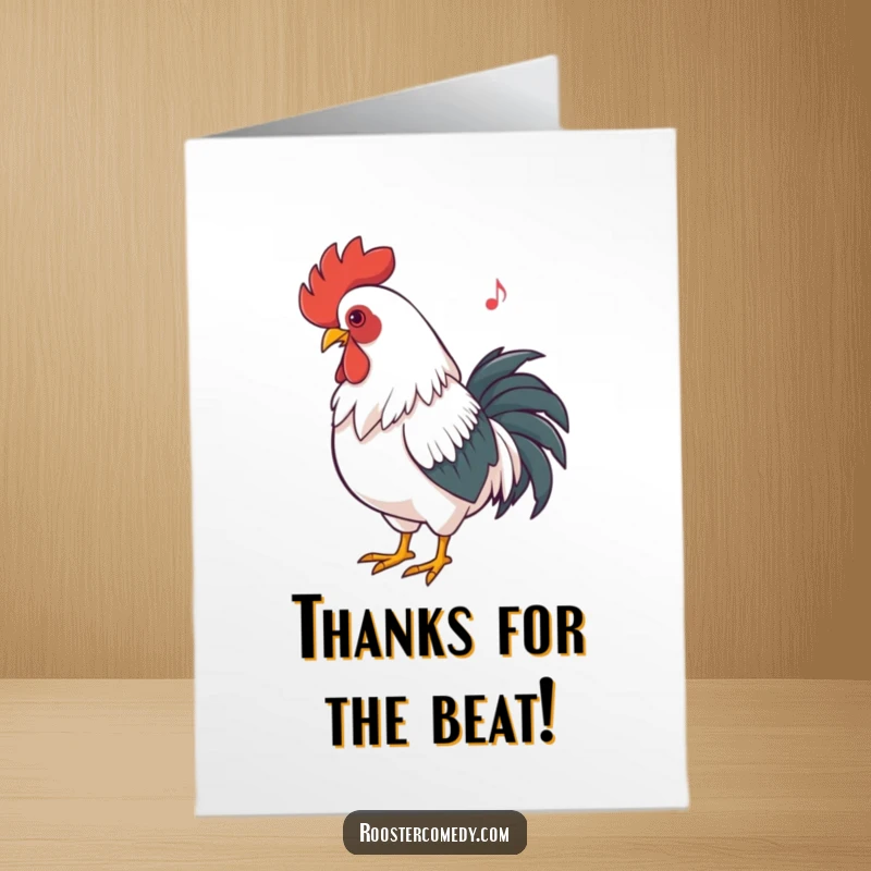 Funny Free Printable Thank You Card: A rooster playfully bobs its head in time to an internal rhythm, a cheerful thank you gesture.
