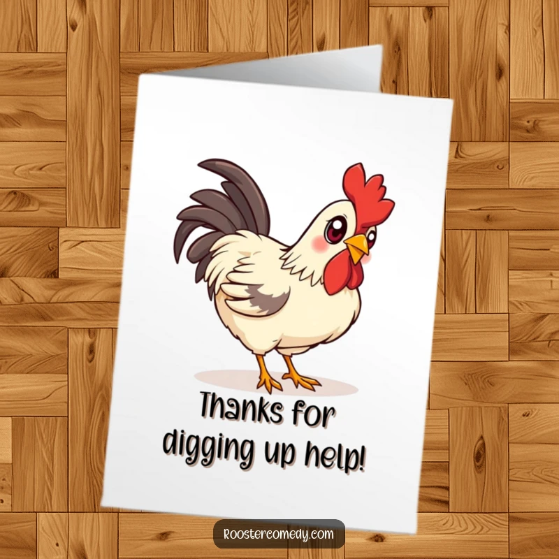 Funny Free Printable Thank You Card: A rooster with bright, eager eyes pecking at the ground, conveying thoughtful observation.