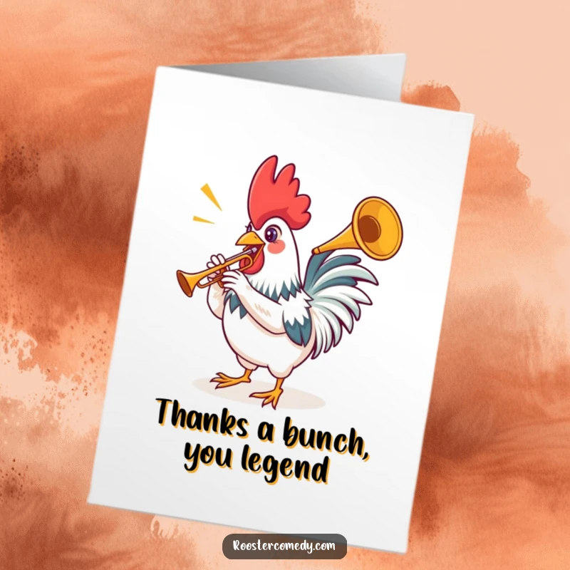Funny Free Printable Thank You Card: A rooster plays a small trumpet, creating a cheerful fanfare to express thanks.
