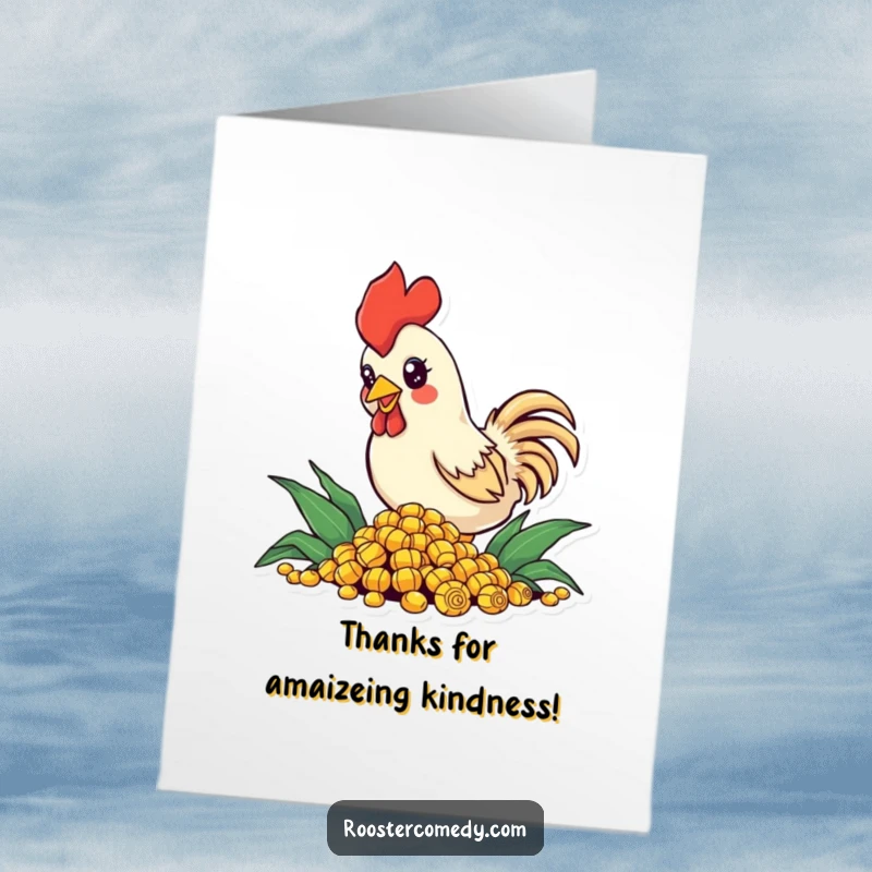 Funny Free Printable Thank You Card: Small rooster with sparkling eyes enthusiastically pecking at a pile of corn.