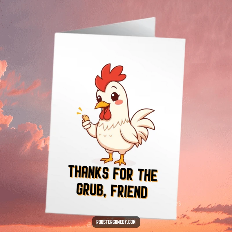 Funny Free Printable Thank You Card: Cheerful rooster grins, offering a tiny worm with a flourish as a gesture of thanks.