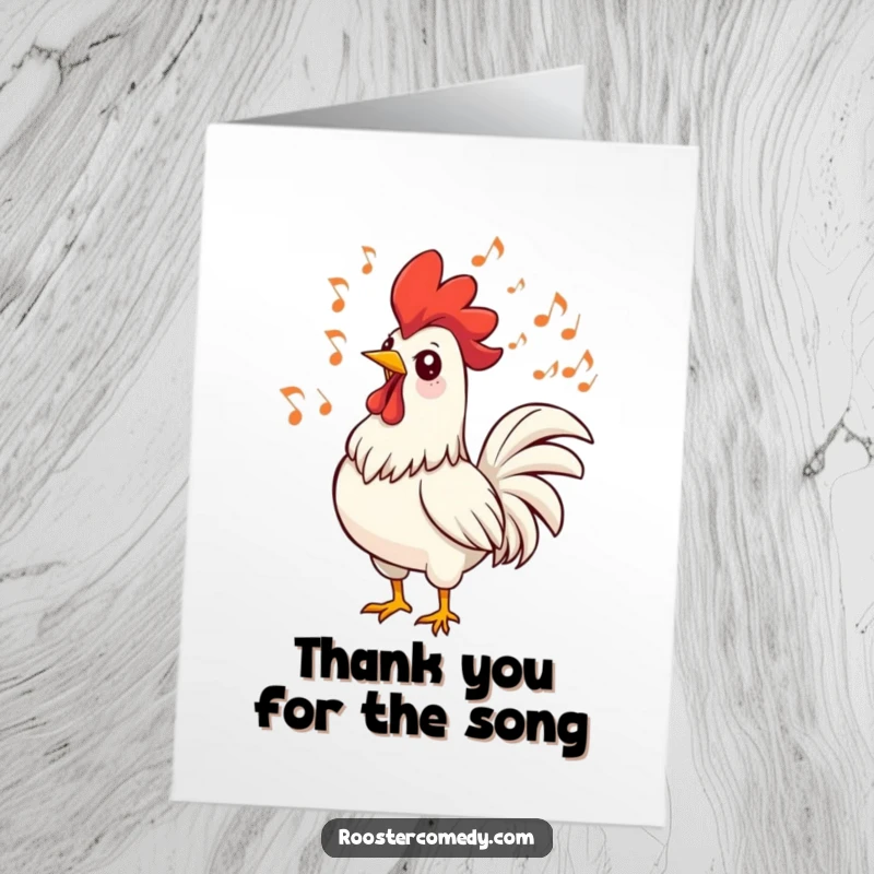 Funny Free Printable Thank You Card: A rooster happily sings, music notes swirling, offering thanks in a vibrant, cheerful way.
