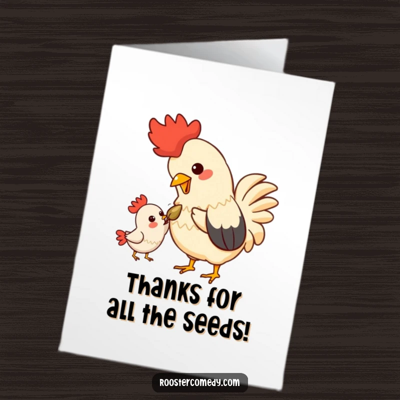 Funny Free Printable Thank You Card: A kawaii rooster offers a seed to a friend, a gesture of thanks.