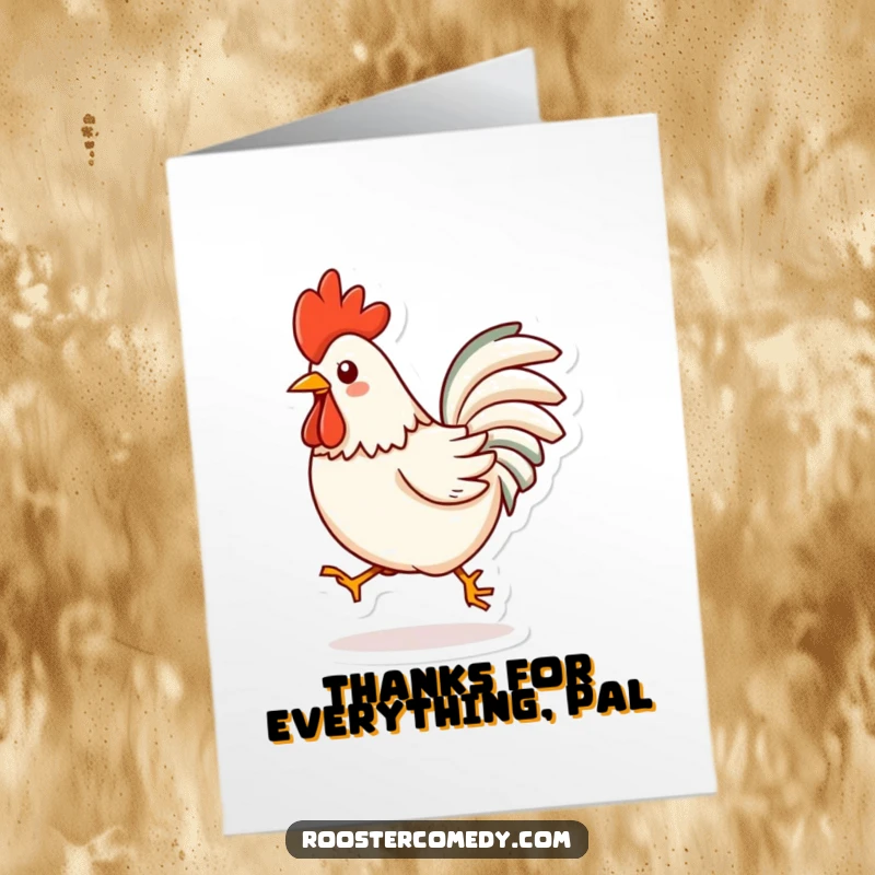 Funny Free Printable Thank You Card: Kawaii rooster in a joyful hop, symbolizing gratitude and happy feelings.