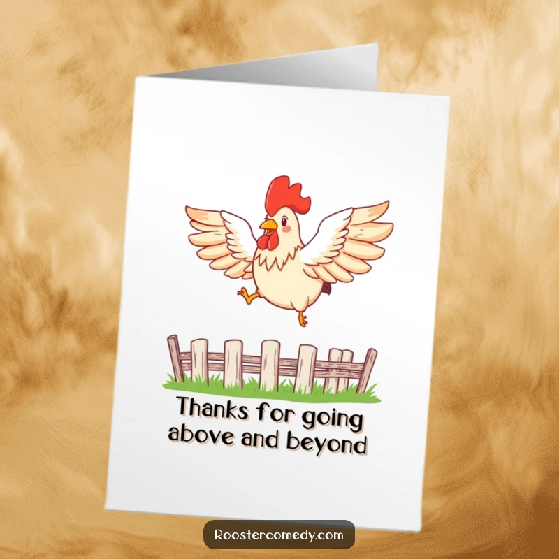 Funny Free Printable Thank You Card: A rooster with wings spread wide leaps over a small fence, conveying a sense of freedom.