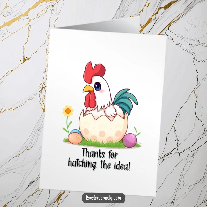 Funny Free Printable Thank You Card featuring a rooster with wide eyes hatching from a giant Easter egg.