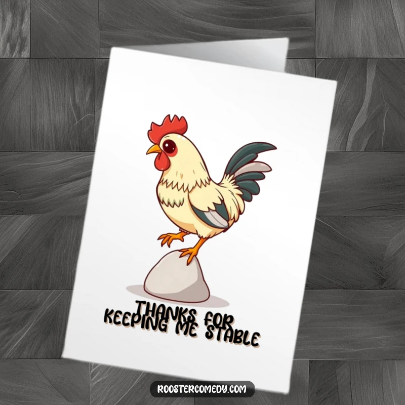 Funny Free Printable Thank You Card: A focused rooster attempting to balance on a tiny pebble.