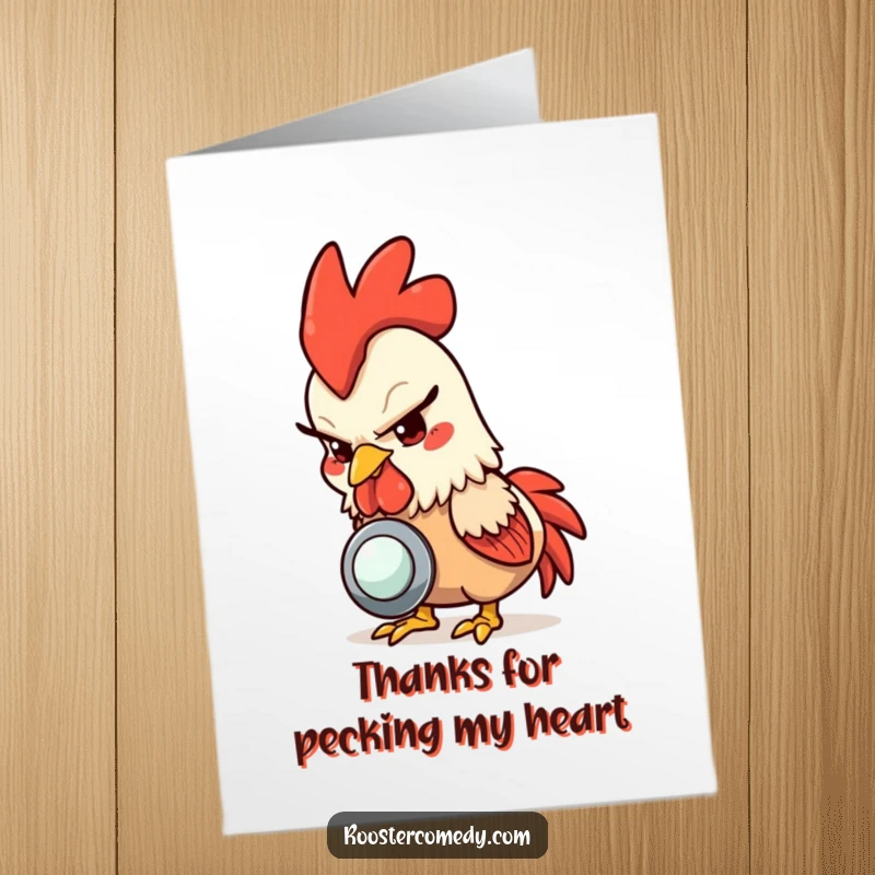 Funny free printable thank you card of a rooster with a mischievous eye, pecking at a shiny button.