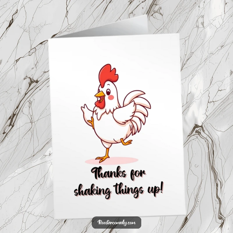 Funny Free Printable thank you card: A kawaii rooster captured mid-silly jig, feet shuffling with joyful, comical energy to say thanks.