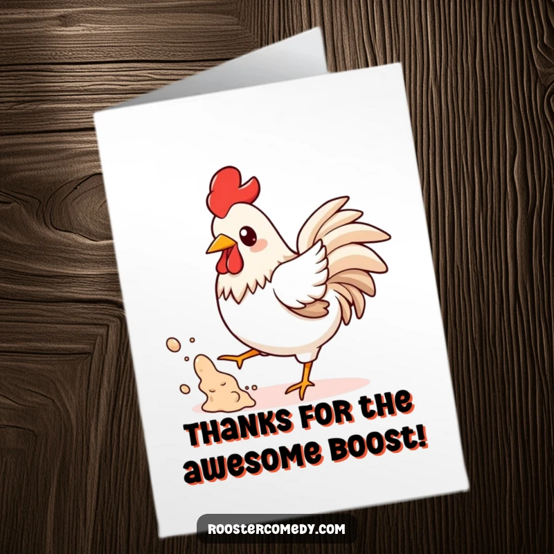 Funny Free Printable Thank You Card: Whimsical kawaii rooster kicking up dust playfully, a downloadable card for expressing thanks humorously.