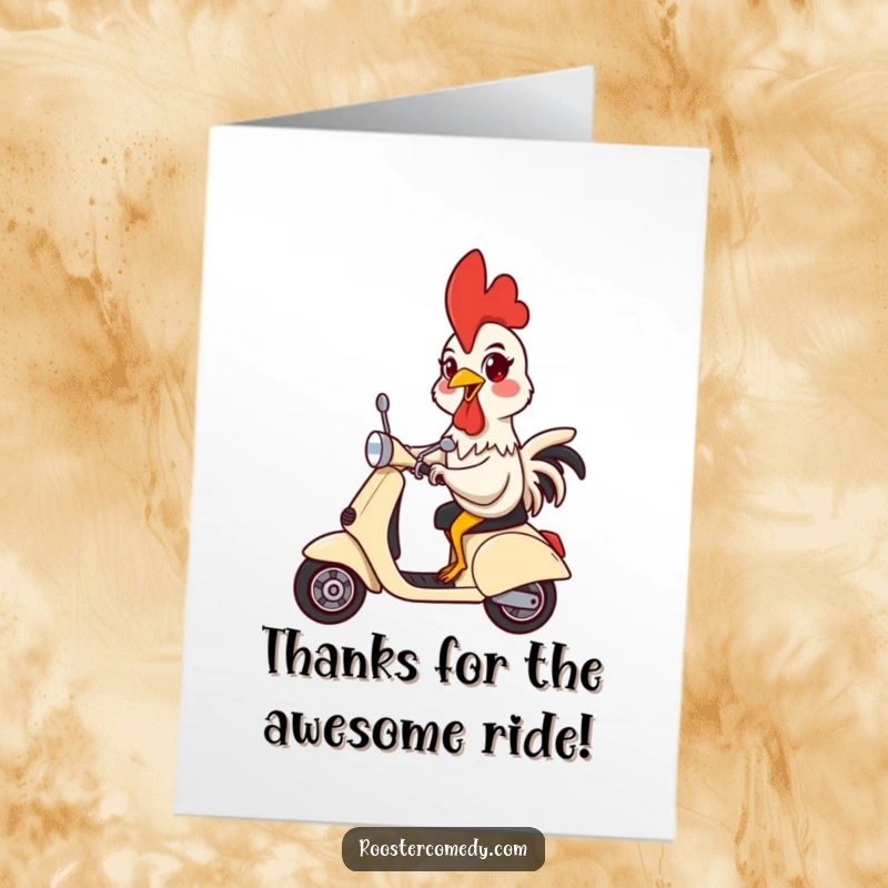 Funny free printable thank you card: a rooster with a silly expression rides a scooter, conveying fun thanks.