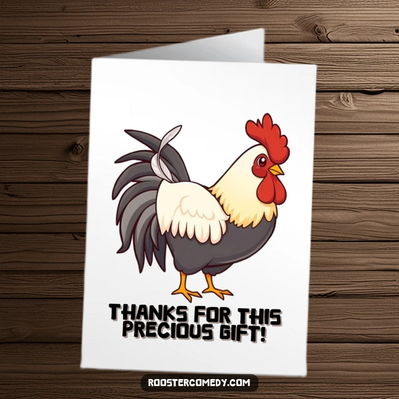 Funny Free Printable Thank You Card: A rooster elegantly displaying a single, prized feather as a token of thanks.