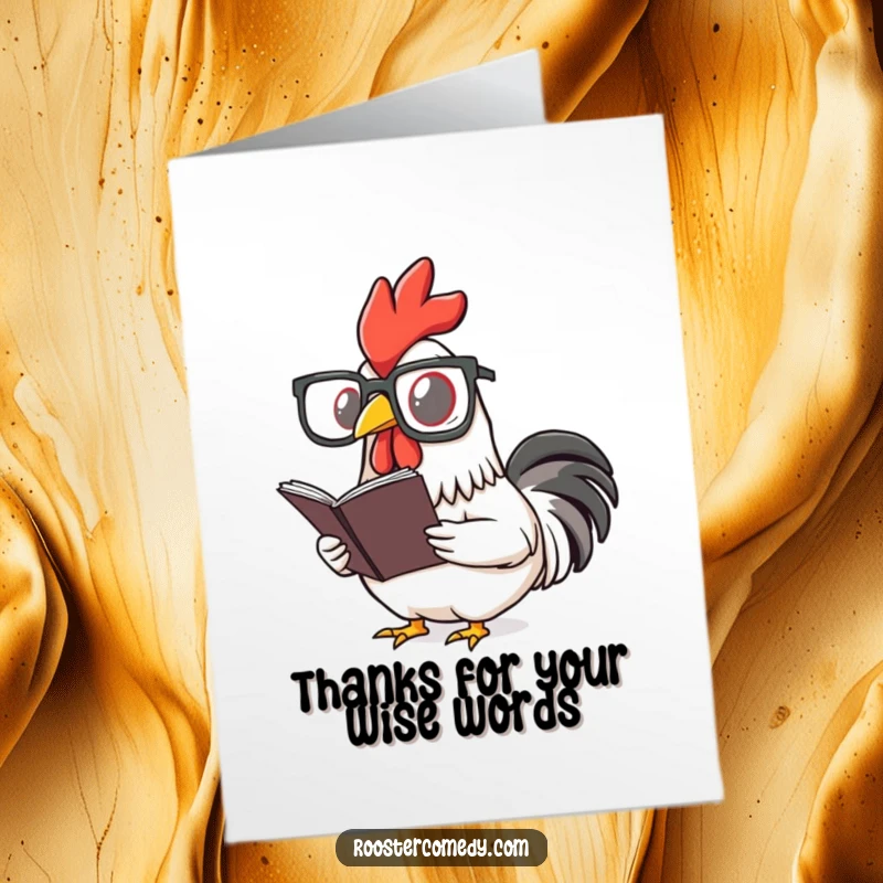 Funny Free Printable Thank You Card: A rooster sporting giant spectacles reads a small book, offering thanks with a knowing look.