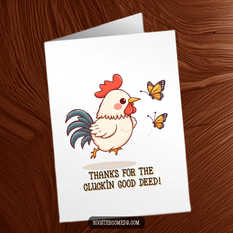 Funny Free Printable Thank You Card: Kawaii rooster expresses thanks with a spirited chase after a butterfly.