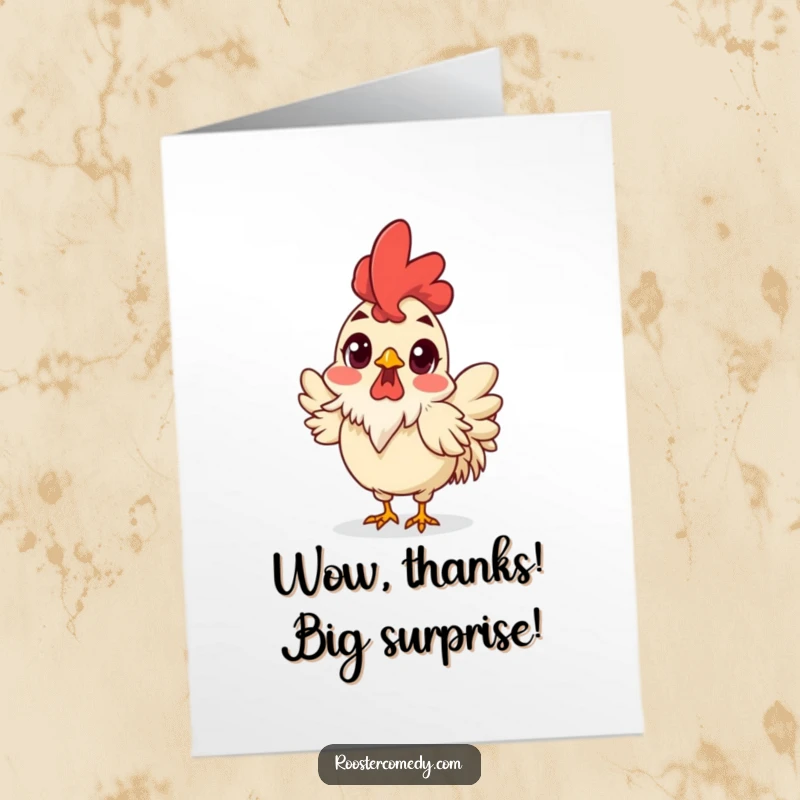Funny Free Printable Thank You Card: A rooster with wide, surprised eyes and ruffled feathers, conveying thanks.