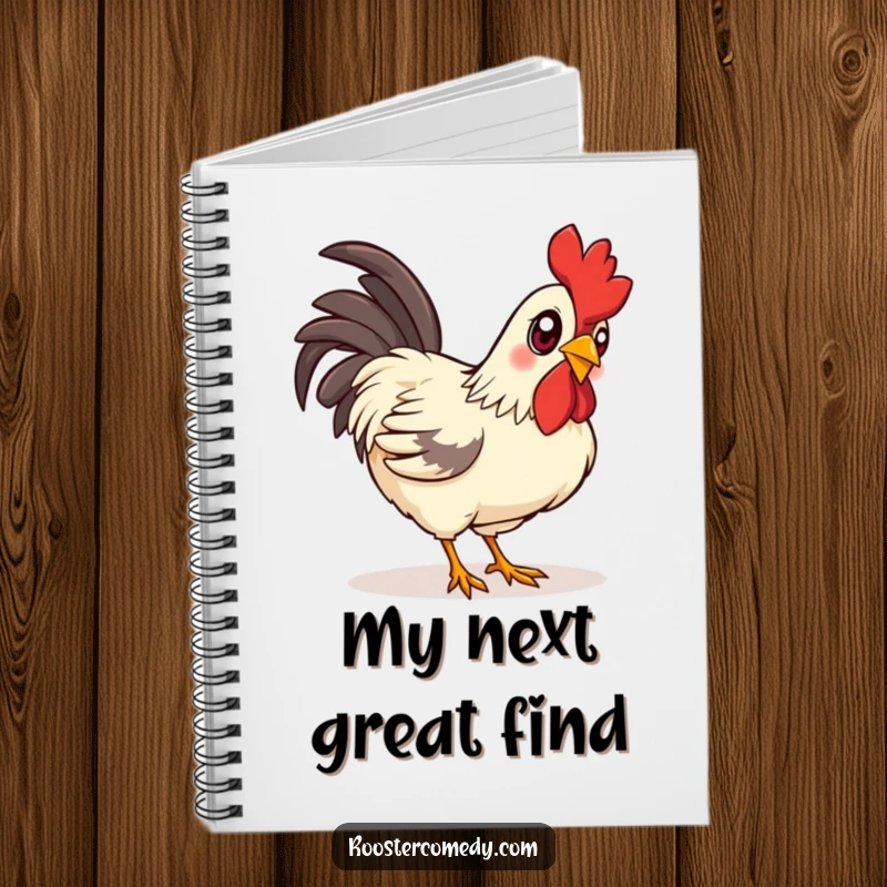 Funny curious rooster notebook, a journal featuring a rooster with bright, curious eyes pecking the ground.