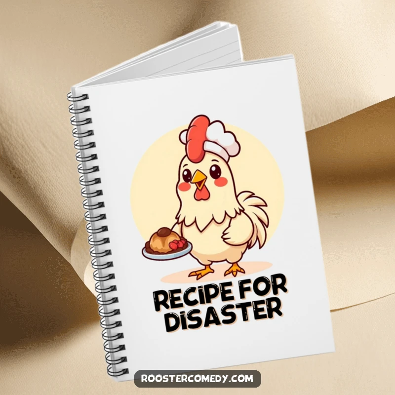 Funny Kawaii rooster wearing a chef hat, presenting food, on a notebook cover.