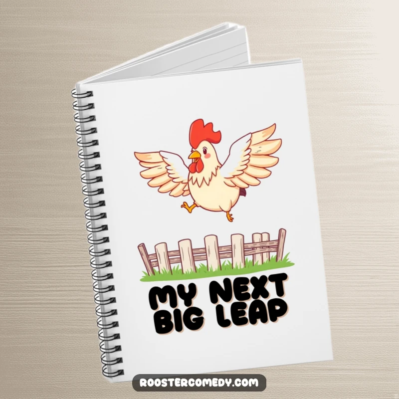 Funny leaping rooster notebook cover with a bird mid-leap over a fence, ideal for note-taking.