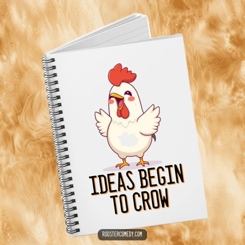 Funny Rooster notebook cover featuring a cheerful bird joyfully crowing with its beak open, perfect for capturing ideas and daily plans.