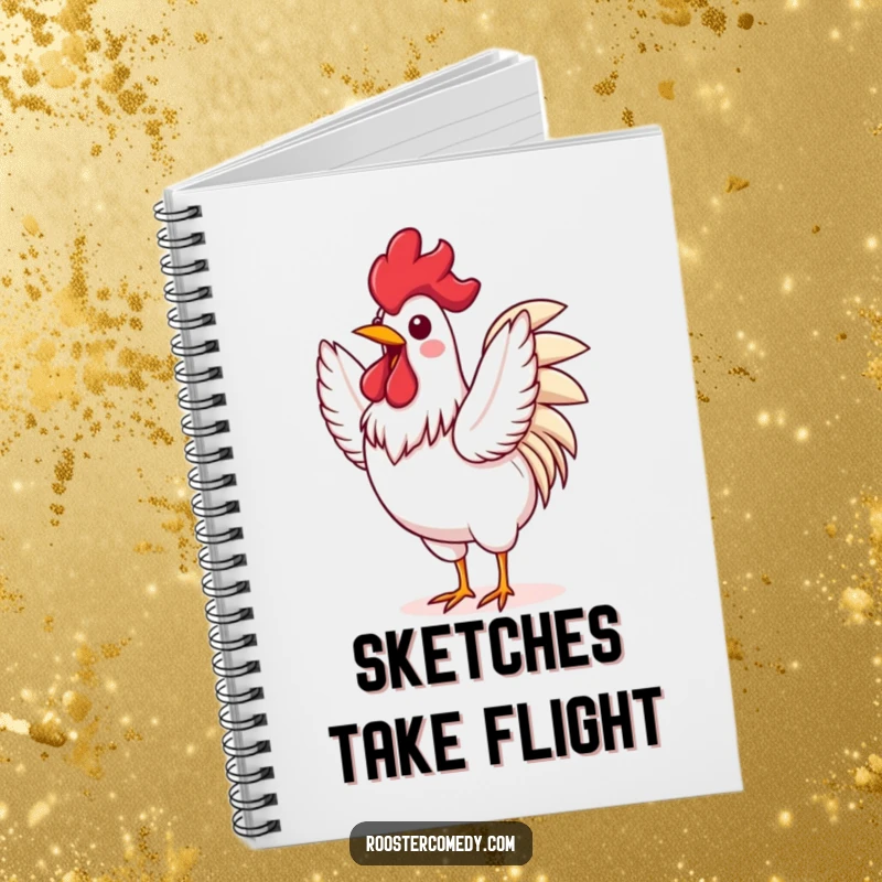 Funny Rooster notebook cover featuring an excited bird flapping its wings, perfect for capturing energetic thoughts and daily plans.