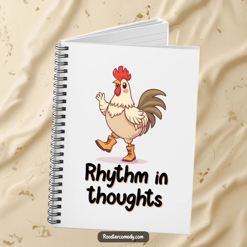 Funny notebook cover with a rooster wearing tiny boots and doing a silly jig, perfect for writing down ideas.