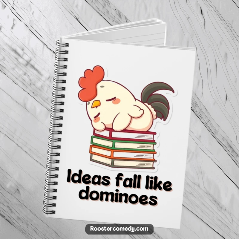 Funny notebook with a dozing rooster character, fluffy tail, accidentally toppling books, perfect for notes and doodles.