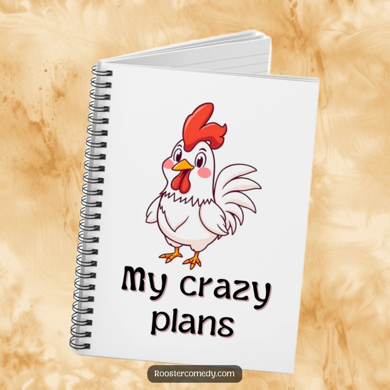 Funny Rooster notebook cover featuring a rooster racing with a wide, goofy grin, perfect for capturing energetic thoughts and daily plans.