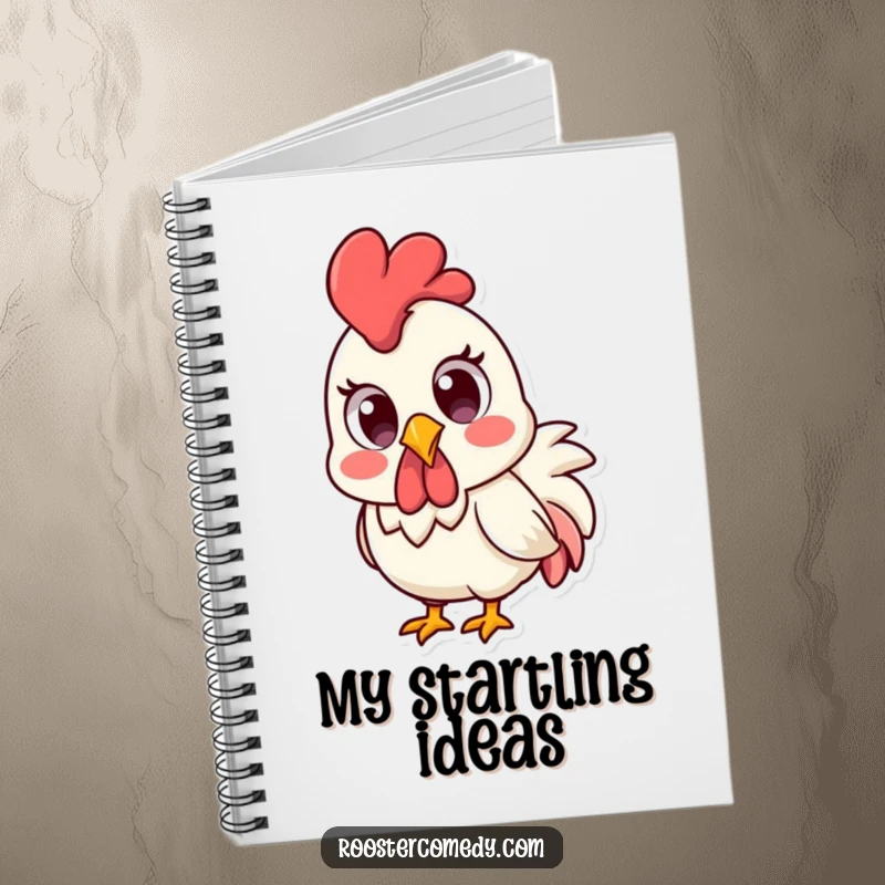 Funny Kawaii rooster with wide, surprised eyes, on a notebook cover.