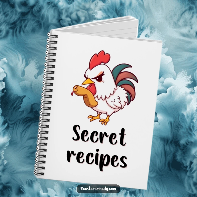 Funny notebook cover with a rooster winking while eating a worm, great for jotting down ideas.