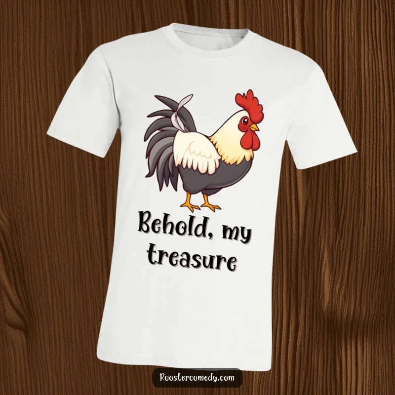Funny proud rooster t-shirt, a confident chicken displaying a single feather with a proud expression.
