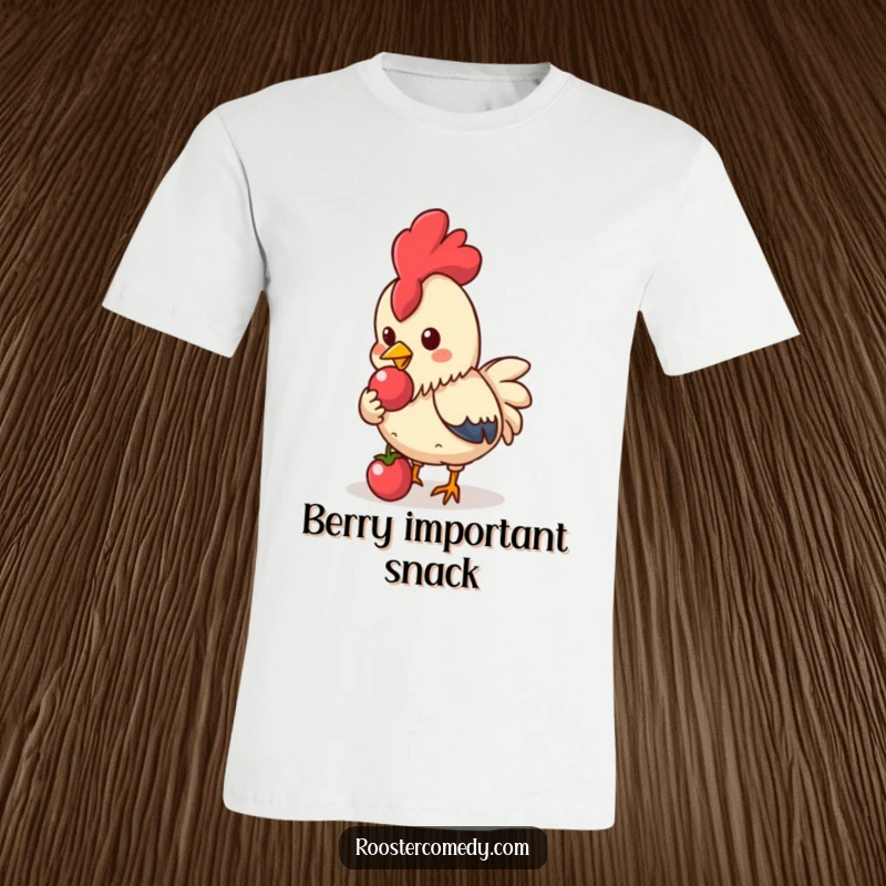 Funny Kawaii Rooster T-Shirt: Cute rooster pecking a shiny berry, great funny gift.