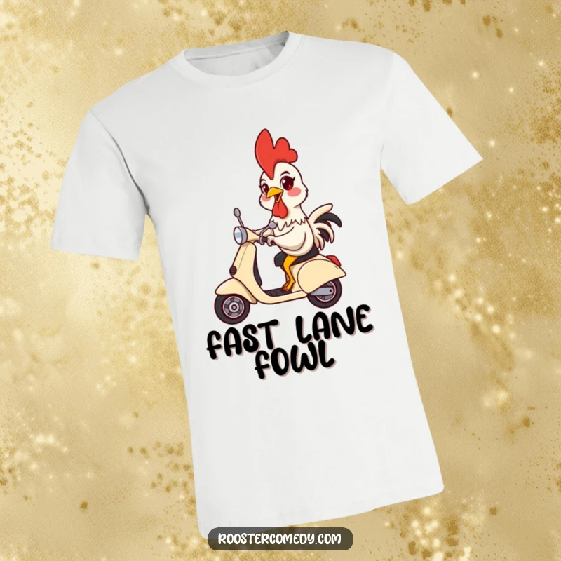 Funny t-shirt featuring a rooster humorously riding a scooter with raised handlebars, perfect for fun-loving individuals.