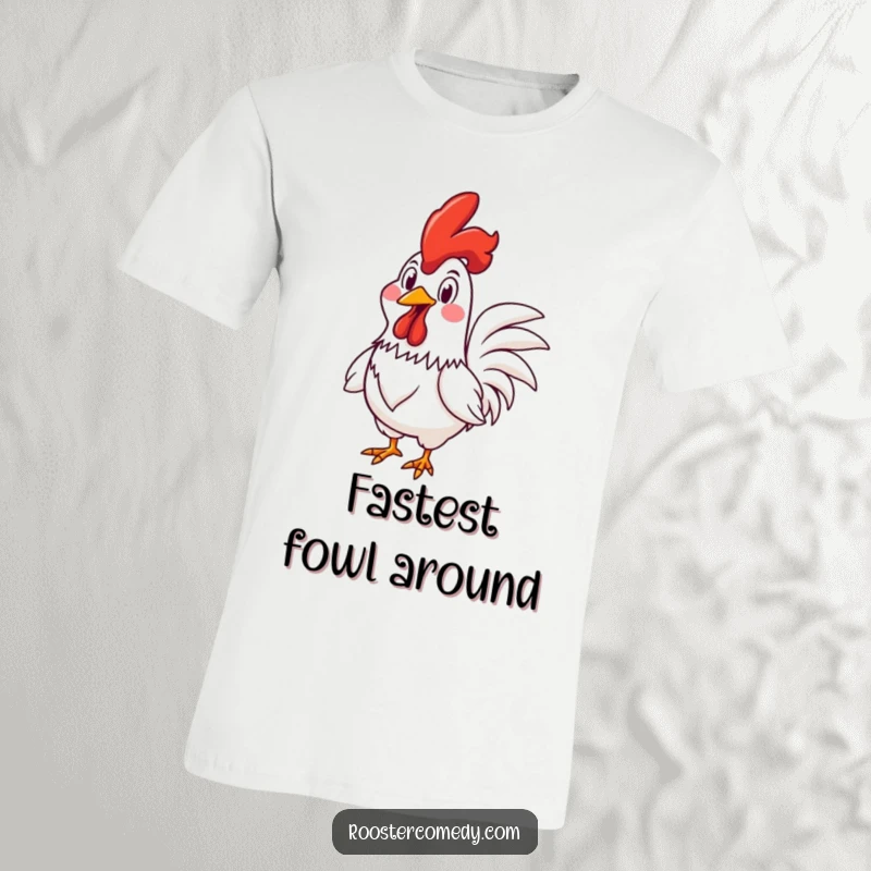 Funny Rooster t-shirt showing a rooster racing with a wide, goofy grin, radiating pure fun and a competitive, humorous spirit.