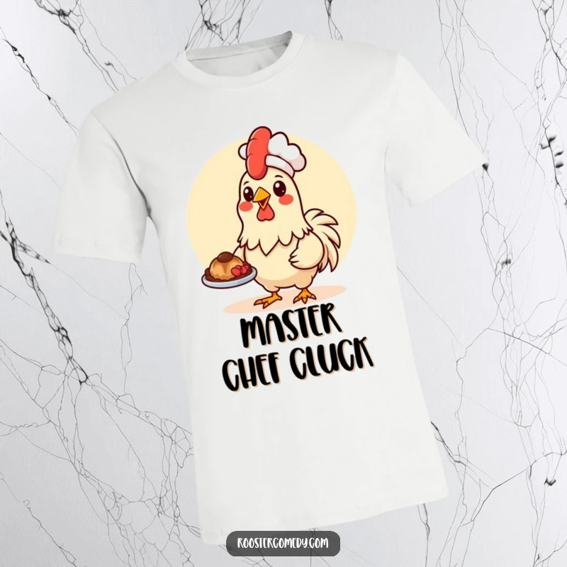 Funny Kawaii rooster in a chef hat, presenting food, printed on a t-shirt.