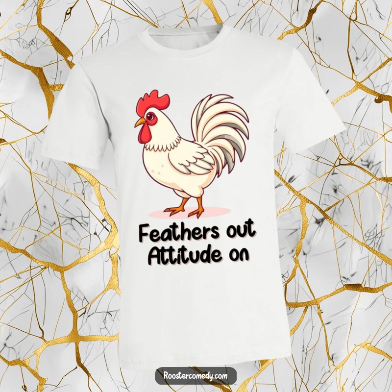 Funny Kawaii rooster t-shirt showing a cute rooster strutting proudly with its tail feathers fanned, perfect for confident and stylish individuals.