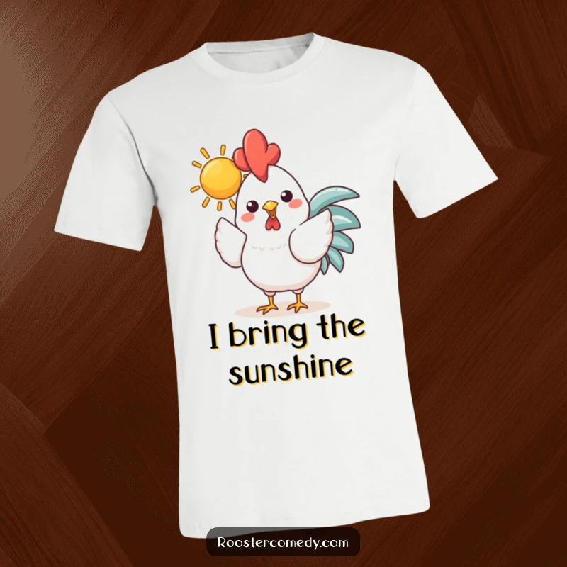 Funny Kawaii Rooster Sun T-Shirt: Cheerful chicken holding a bright sun in its beak, spreading warmth and positivity, perfect for sunny days.