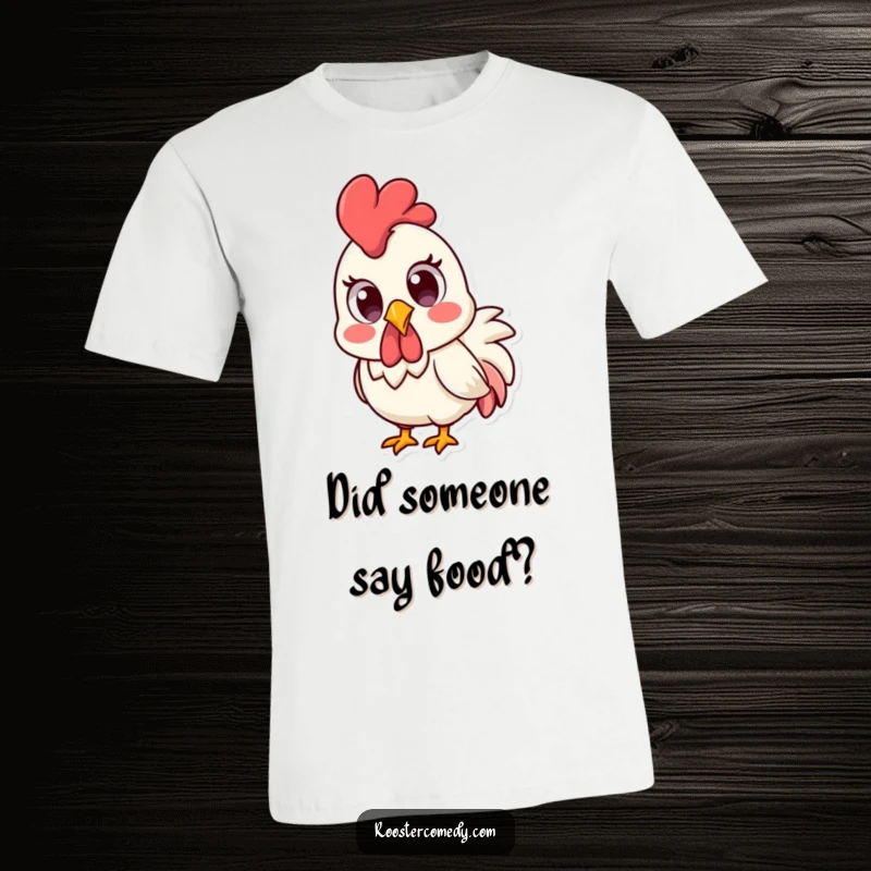 Funny Kawaii rooster with wide, surprised eyes, printed on a comfortable t-shirt.