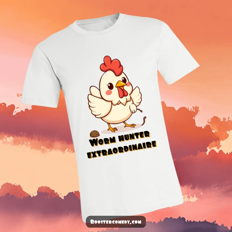 Funny Kawaii rooster t-shirt depicting a cheerful rooster eagerly chasing after a wiggly worm.