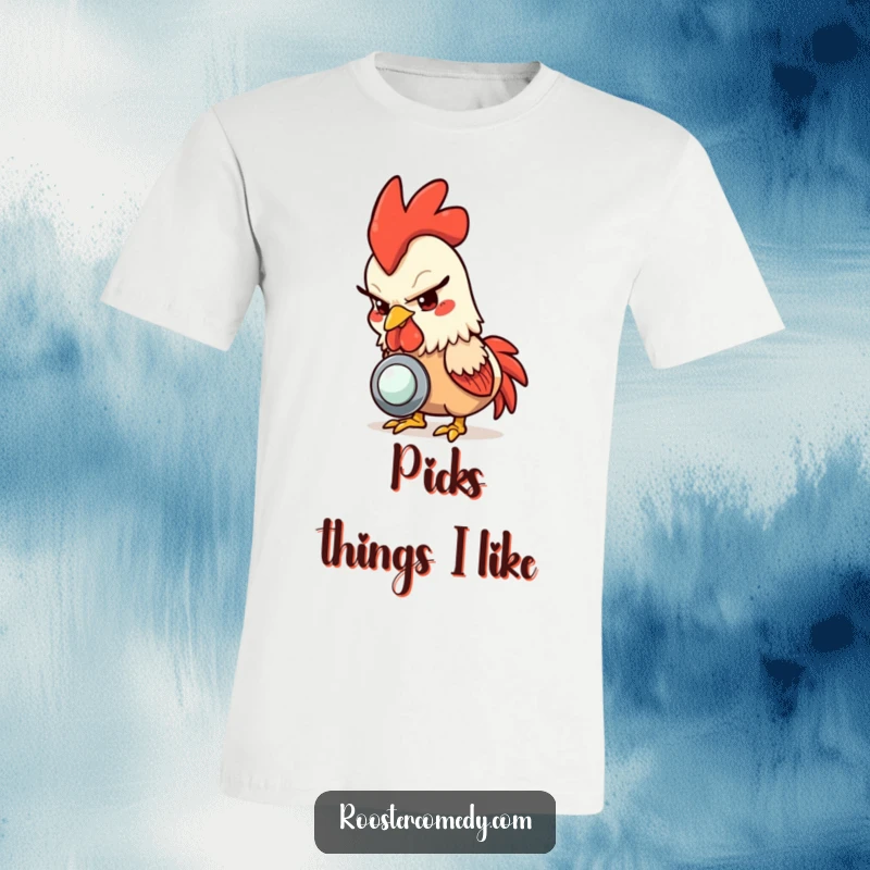 Funny rooster t-shirt, a rooster with a mischievous glint in its eye, playfully pecking at a shiny button.